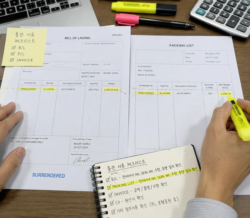 컨테이너 번호와 봉인번호를 대조하는 통관 서류 검토표