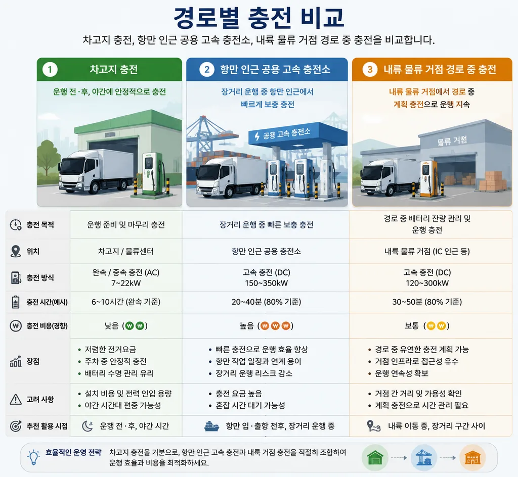 차고지 충전 공용 충전 경로 중 충전 비교